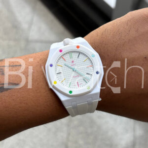 ساعت مچی اودمارپیگه سواچ رویال پاپ ساعت مچی اودمارپیگه سواچ رویال پاپ Audemars Piguet x Swatch | Royal Pop HUIT BLANC به همراه بند مچی
